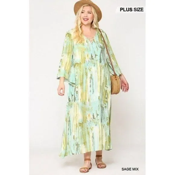 Sage Green Mix Print Tie Dye Multi Color Printed Maxi Dress With Lace Up - Picture 1 of 6